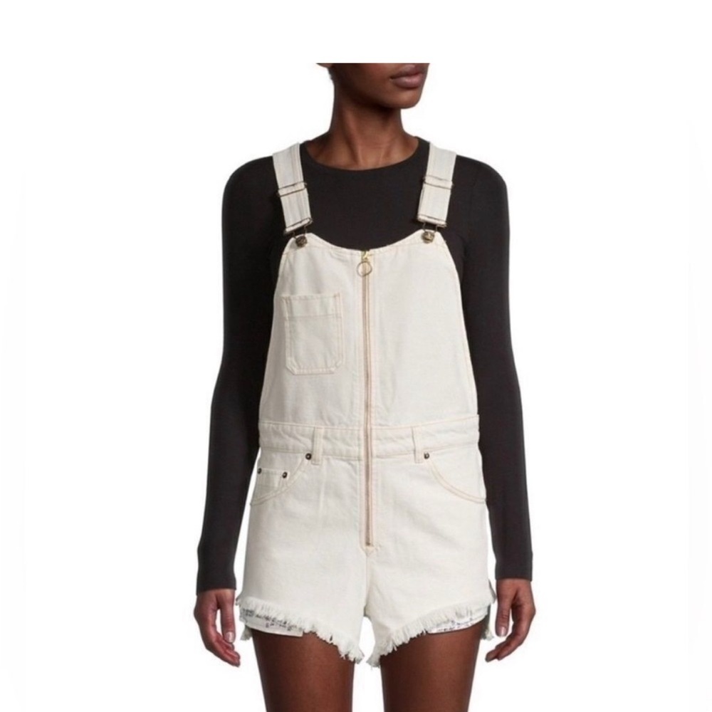 Free People Cream Denim Short Overalls